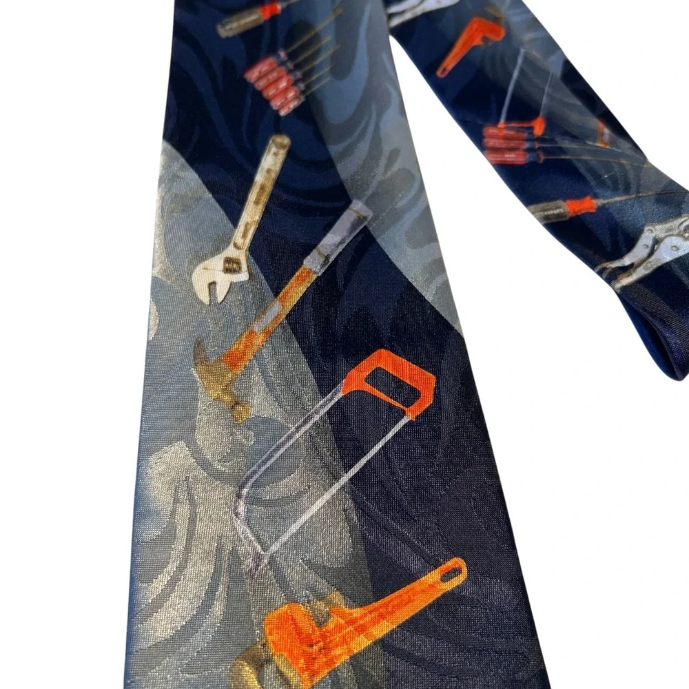 Novelty Necktie Mens Tools Print Blue Gray Polyester Career Workwear Tie Vintage - Picture 3 of 8